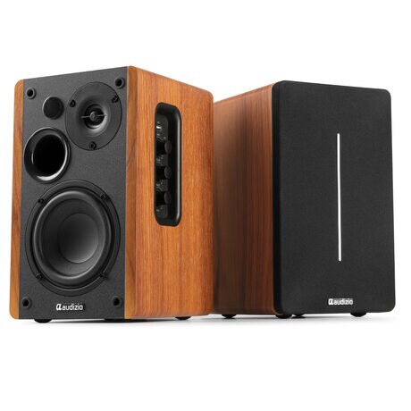 Aktiva HiFi-högtalare med BT-streaming och elegant träfinish Audizio KS01B Aktiv bokhyllehögtalare Set 120W Peak effekt BT Wood