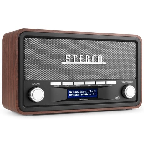 Radioapparat DAB Bluetooth och alarm - grå färg Audizio Foggia retro DAB+ radio med Bluetooth - Bärbar stereoradio med larm - 50W Peak effekt - Grå