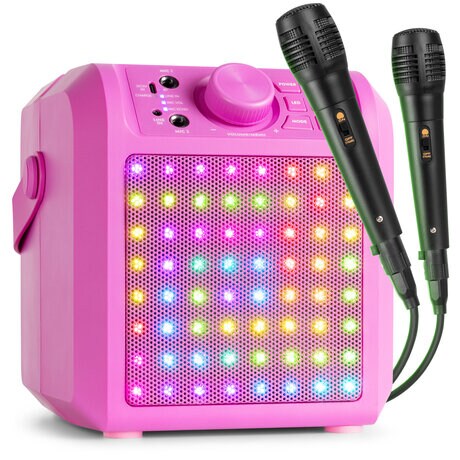 Rosa Karaokemaskin med LED-ljuseffekt Rosa Fenton KAR50P karaoke set - Karaoke box med Bluetooth, laddningsbart batteri, lysdioder och 2 mikrofoner -