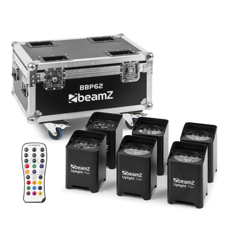 Uplight ljuspaket 6st BBP62 med case som har inbyggd laddning BeamZ set med 6st BBP62 uplights armaturer för inomhus och utomhus i flightcase med ladd