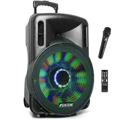 Fenton FT15LED karaokehögtalare 800W 15" med LED-belysning, Batteridriven 15" aktiv högtalare med inbyggt ljus