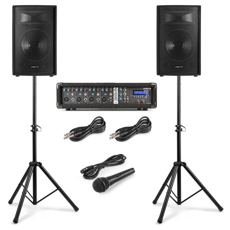 Komplett ljudsystem för sång - 2x 10" högtalare Vonyx VX210 Komplett ljudsystem för sång - 2x 10" högtalare - 4-kanals mixers med inbyggd förstärkare