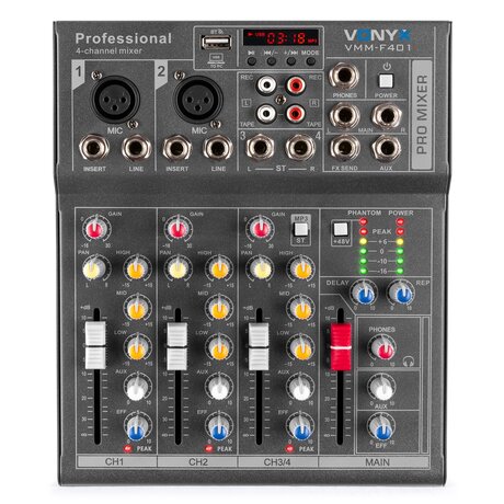 4ch Mini musikmixer med sångeffekt och USB Vonyx VMM-F401 Musik Mixer 4 kanaler/MP3/Eko
