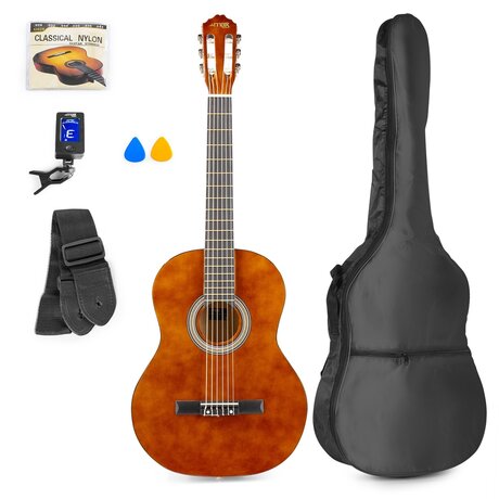MAX SoloArt klassisk akustisk gitarr (39") Startset - Brun (trä), Gitarrpaket brun trä färgat