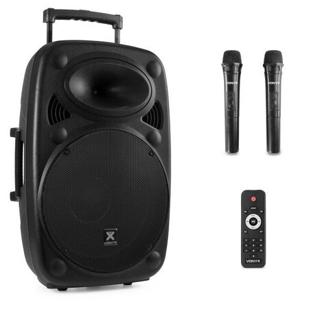 Vonyx Verve38 OUTLET SPECPRIS mobilt ljudsystem med Bluetooth och trådlösa mikrofoner - 800W Peak Effekt, Portabel högtalare 12" bas med Bluetooth