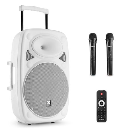 Vonyx Verve mobilt ljudsystem med Bluetooth och trådlösa mikrofoner - 1000W Peak- Vit, Vit högtalare - Bärbar mobil högtalare med Bluetooth och trådlösa mikrofoner