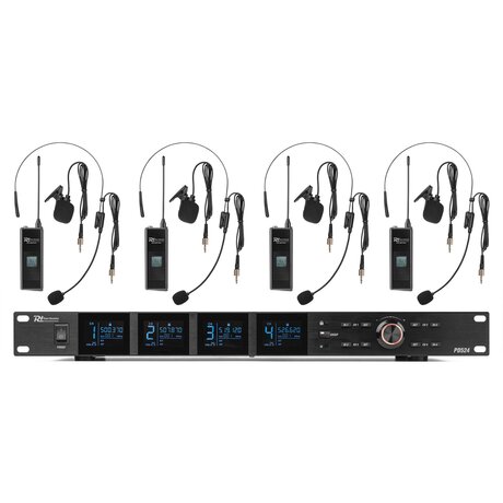 Trådlösa headset - system med 4st - Komplett med mottagare Power Dynamics PD524B UHF trådlös mikrofonset med 4 bodypack-mikrofoner