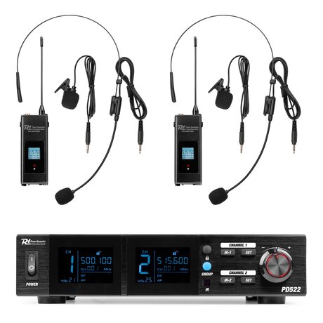 Trådlösa headset - dubbelsystem 2x100 kanaler Power Dynamics PD522B UHF trådlös mikrofonset med 2 bodypack-mikrofoner