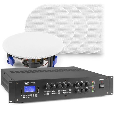 Ljudsystem med förstärkare & inbyggda högtalare Power Dynamics 2-zons ljudsystem med PRM1202 förstärkare med Bluetooth och 12x inbyggd högtalare (vit)