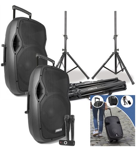 Högtalare för valrörelse och event - 2-pack med stativ - mobilt och uppladdningsbart Högtalarpaket Vonyx AP1500PA mobil högtalare 15" 2 x Handhållna m