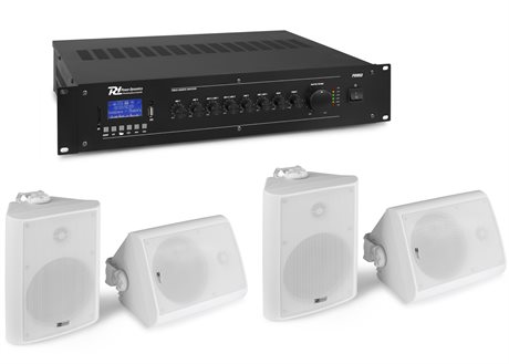 Paket för uteservering. 100V förstärkare, 4 högtalare och kabel Uteserveringspaket 100V Förstärkare med 4st vita högtalare