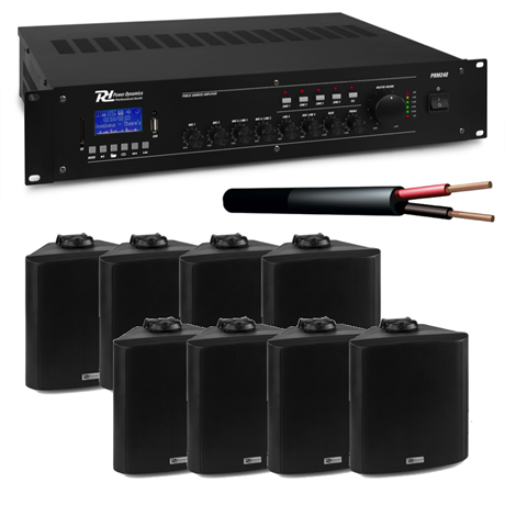 Paket för uteservering. 100V förstärkare, 8 högtalare och kabel Uteserveringspaket 100V Förstärkare med 8 högtalare