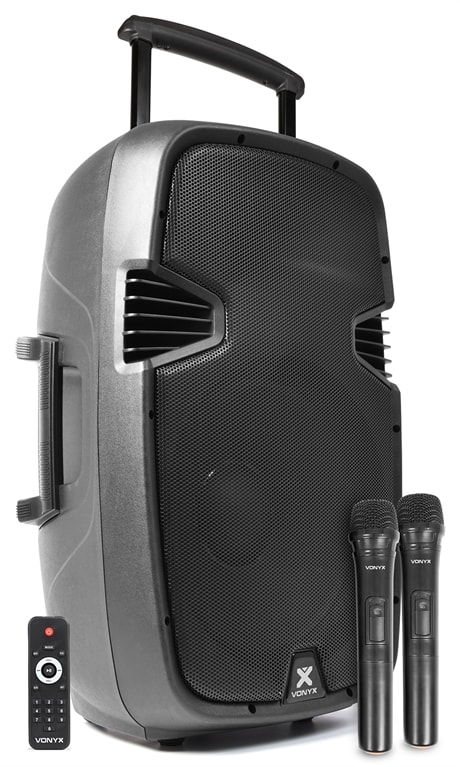 15" uppladdningsbar högtalare Bluetooth och trådlösa mikrofoner.SKY-170.080 Vonyx SPJ-PA915 Mobile Amp ABS 15" 2 UHF