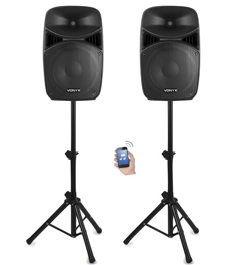 Partyhögtalar paket med 15" bas, Bluetooth, USB och stativ - Komplett Vonyx VPS152A Aktivt högtalarset, 15", LED, Stativ, BT