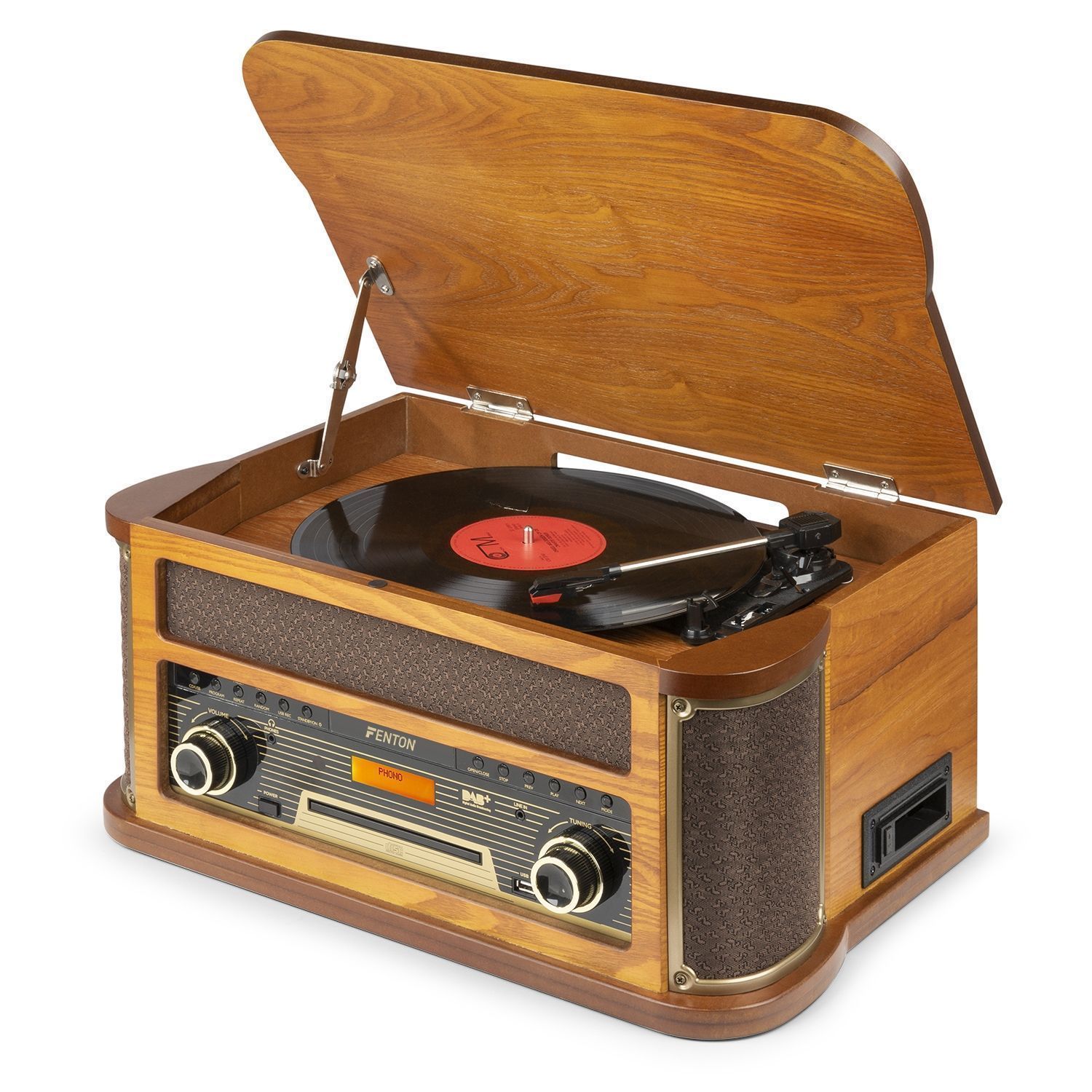 Fenton Memphis skivspelare - Bluetooth, DAB & FM, CD, kassett och mp3-spelare - Brun