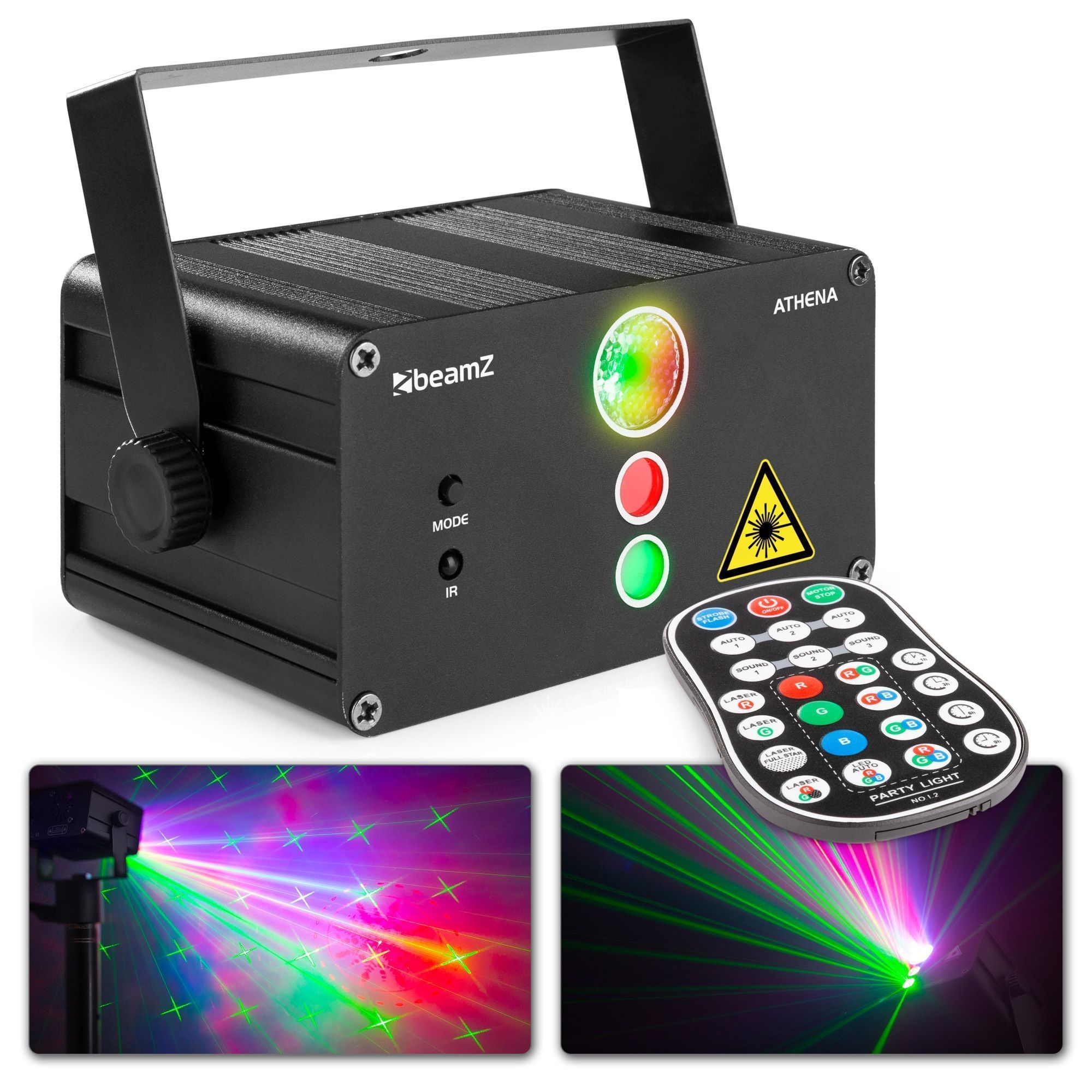 BeamZ Athena batteri disco laser med 2 gobo lasrar och multicolor LED