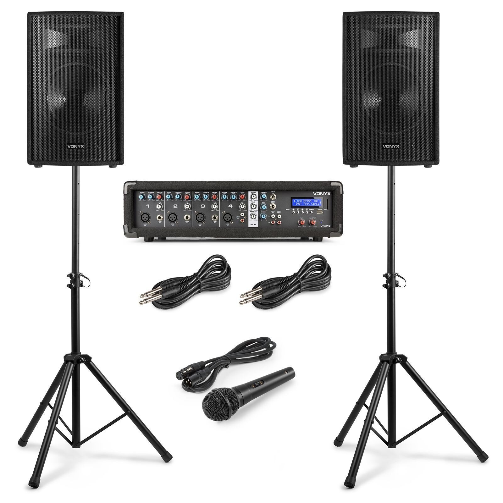 Vonyx VX210 Komplett ljudsystem för sång - 2x 10" högtalare - 4-kanals mixers med inbyggd förstärkare - 2x högtalarstativ
