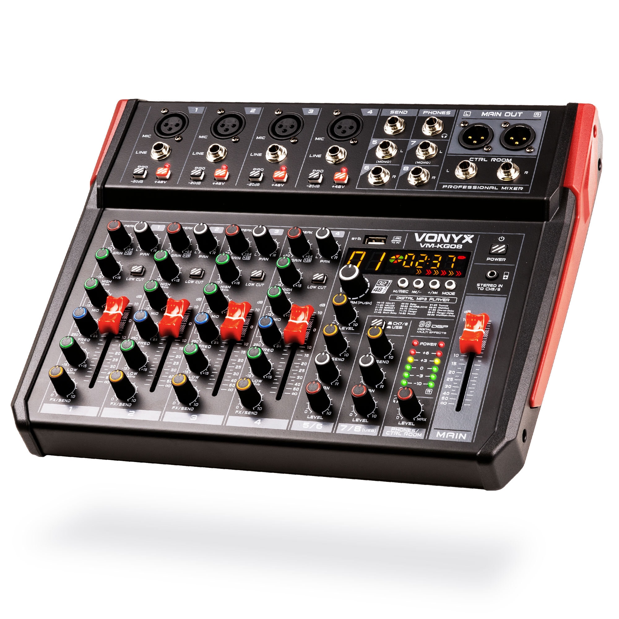 Vonyx VM-KG08 - 8-kanals mixerbord med Bluetooth, DSP, USB-ljudgränssnitt, etc.