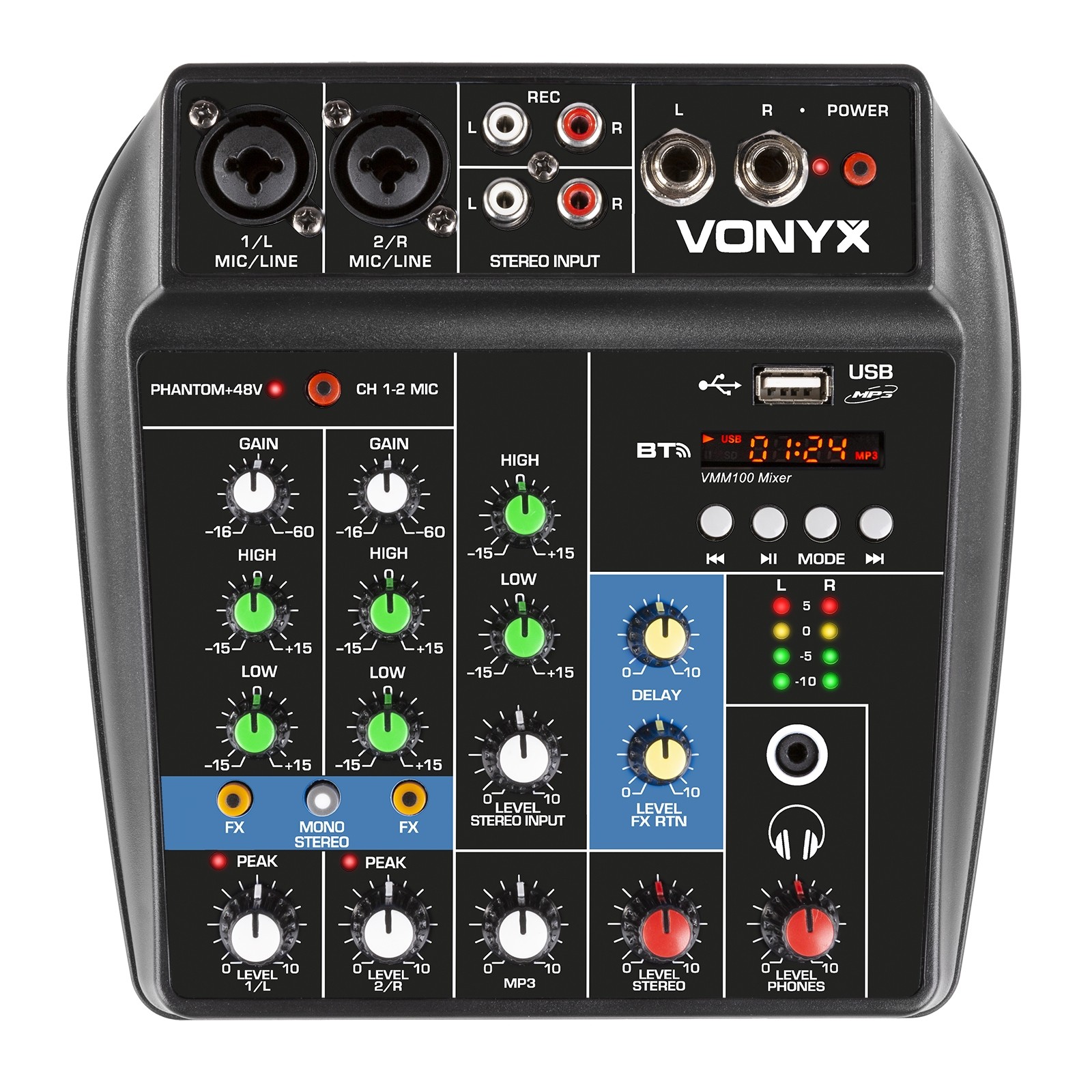 Vonyx VMM100 4-kanals mixerbord med Bluetooth & USB mp3-spelare