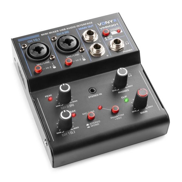 Vonyx VMM301 USB-mixer - 3-kanals mixer, Bluetooth, USB-ljudgränssnitt