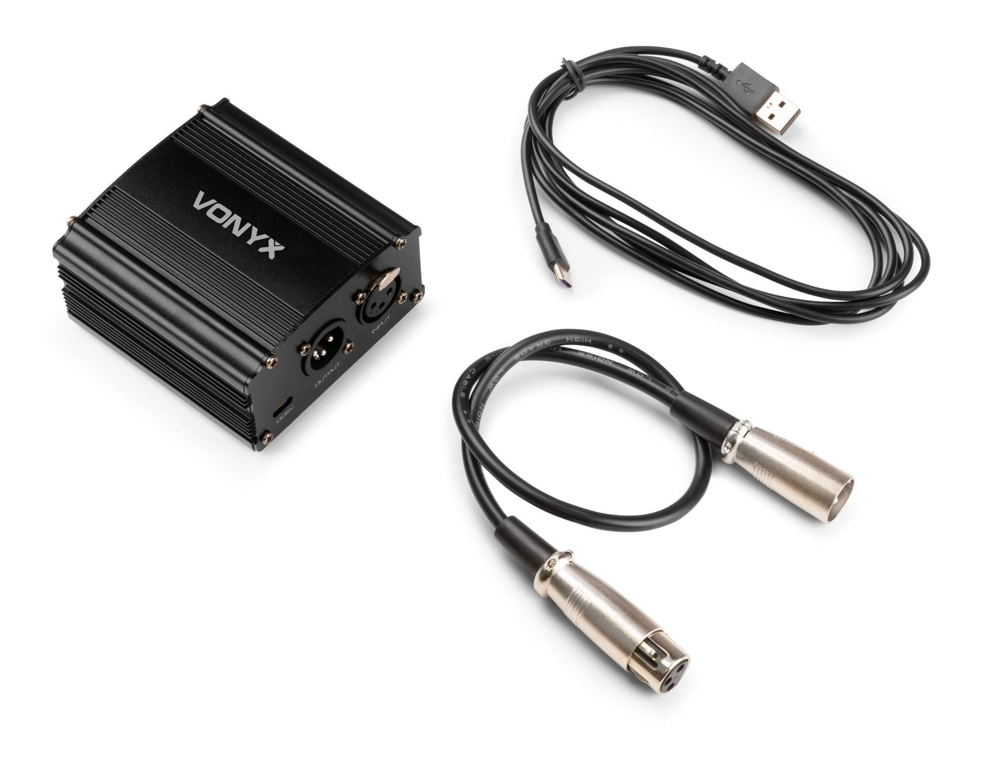 Vonyx VDX10 universell phantomströmadapter 48 volt - USB-C - balanserad XLR-ingång och -utgång - svart
