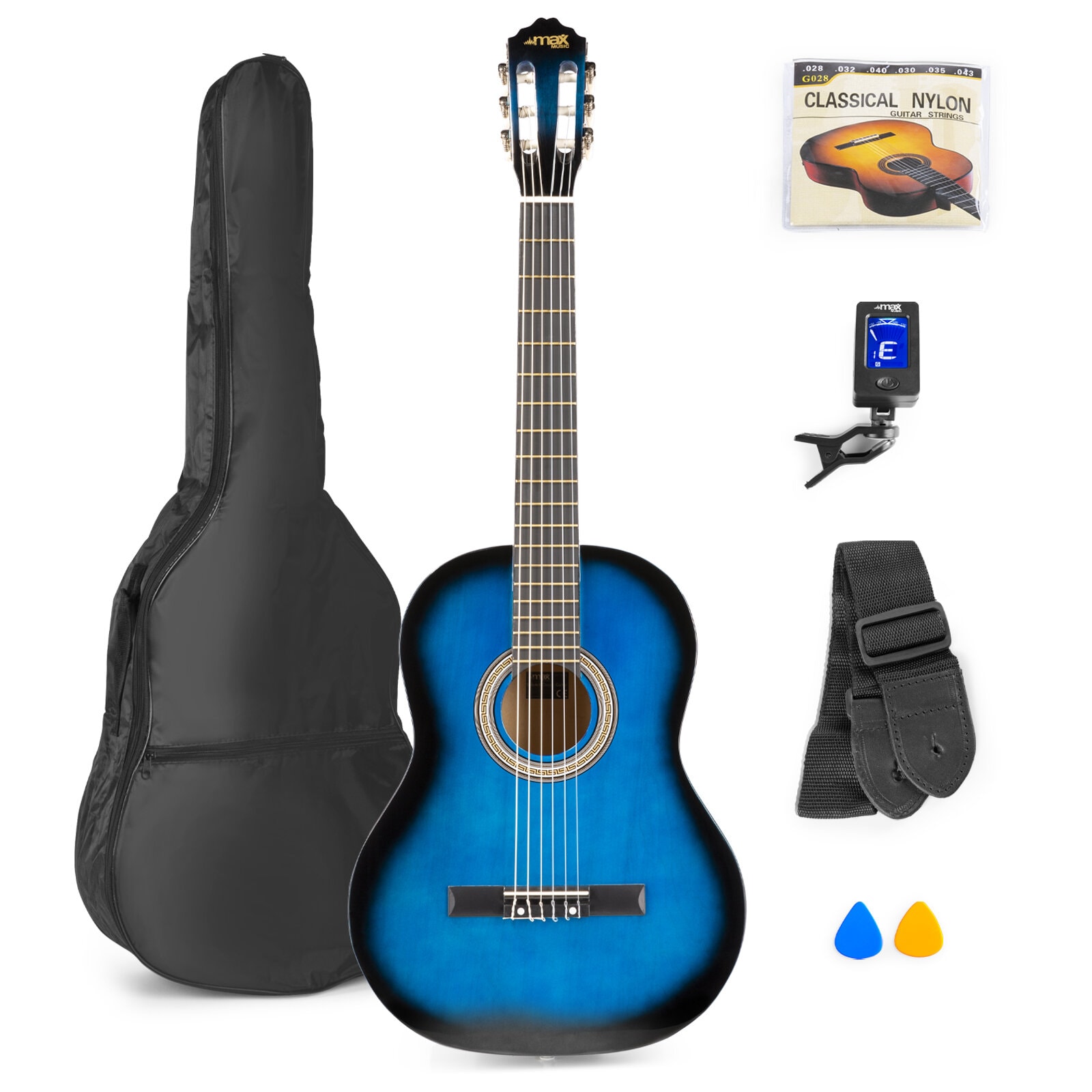 MAX SoloArt klassisk akustisk gitarr (39") Starter Set - Blå