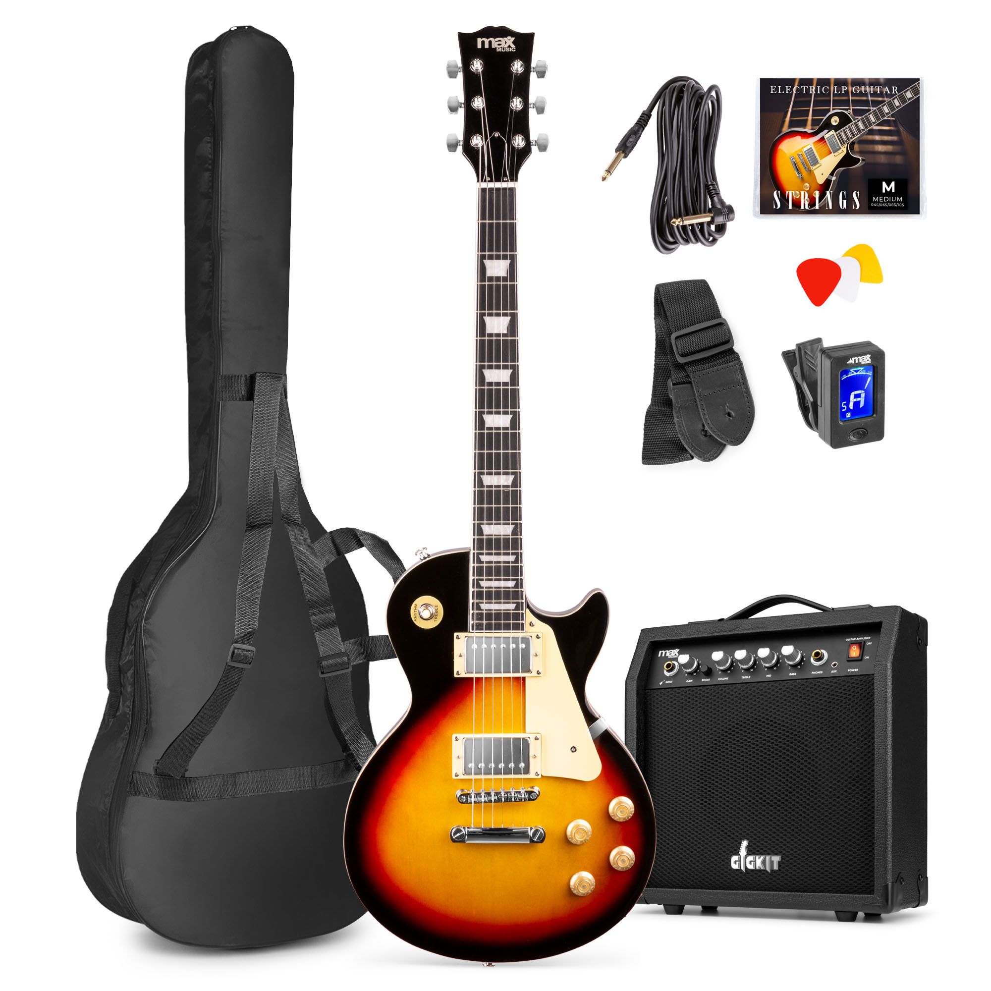 Max Gigkit LP Elgitarr - komplett set med 40 W Peak effekt förstärkare och tillbehör - Sunburst