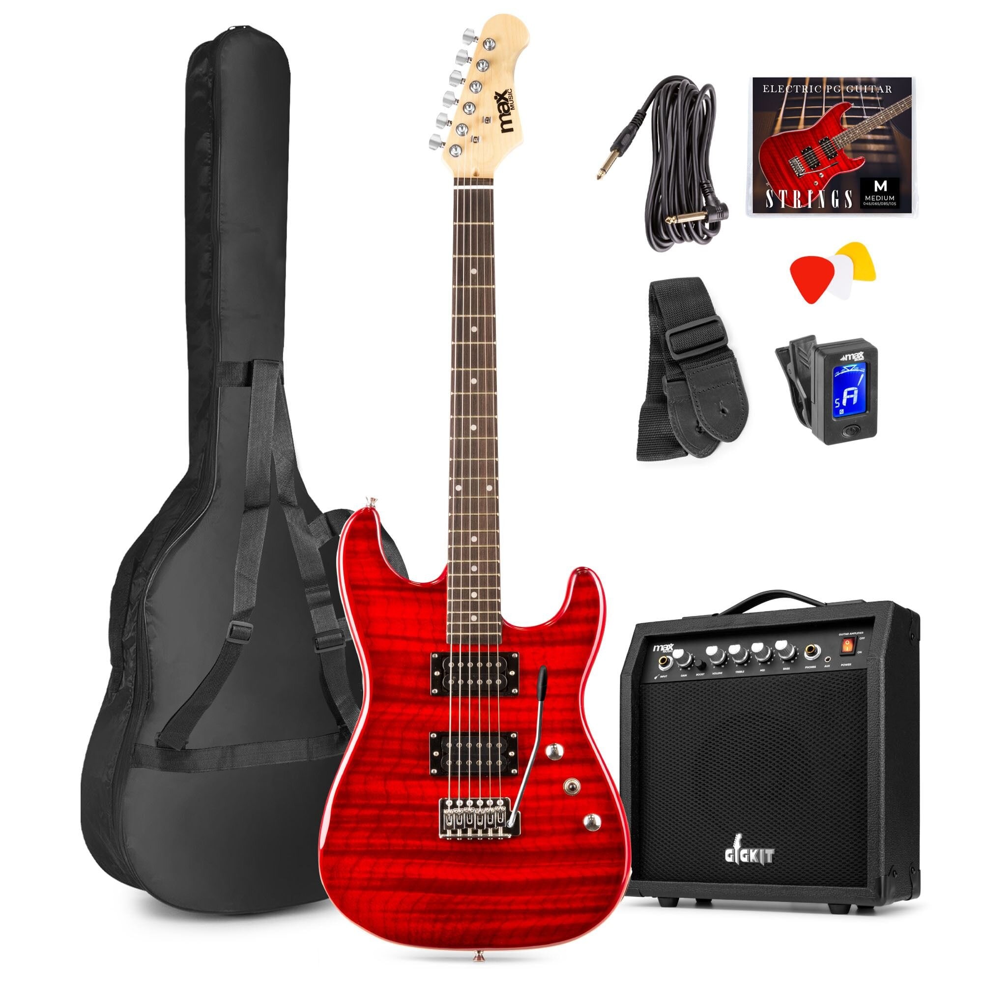 Max GigKit Superstrat Elgitarr med 40W Peak effekt förstärkare och tillbehör - Mörkröd