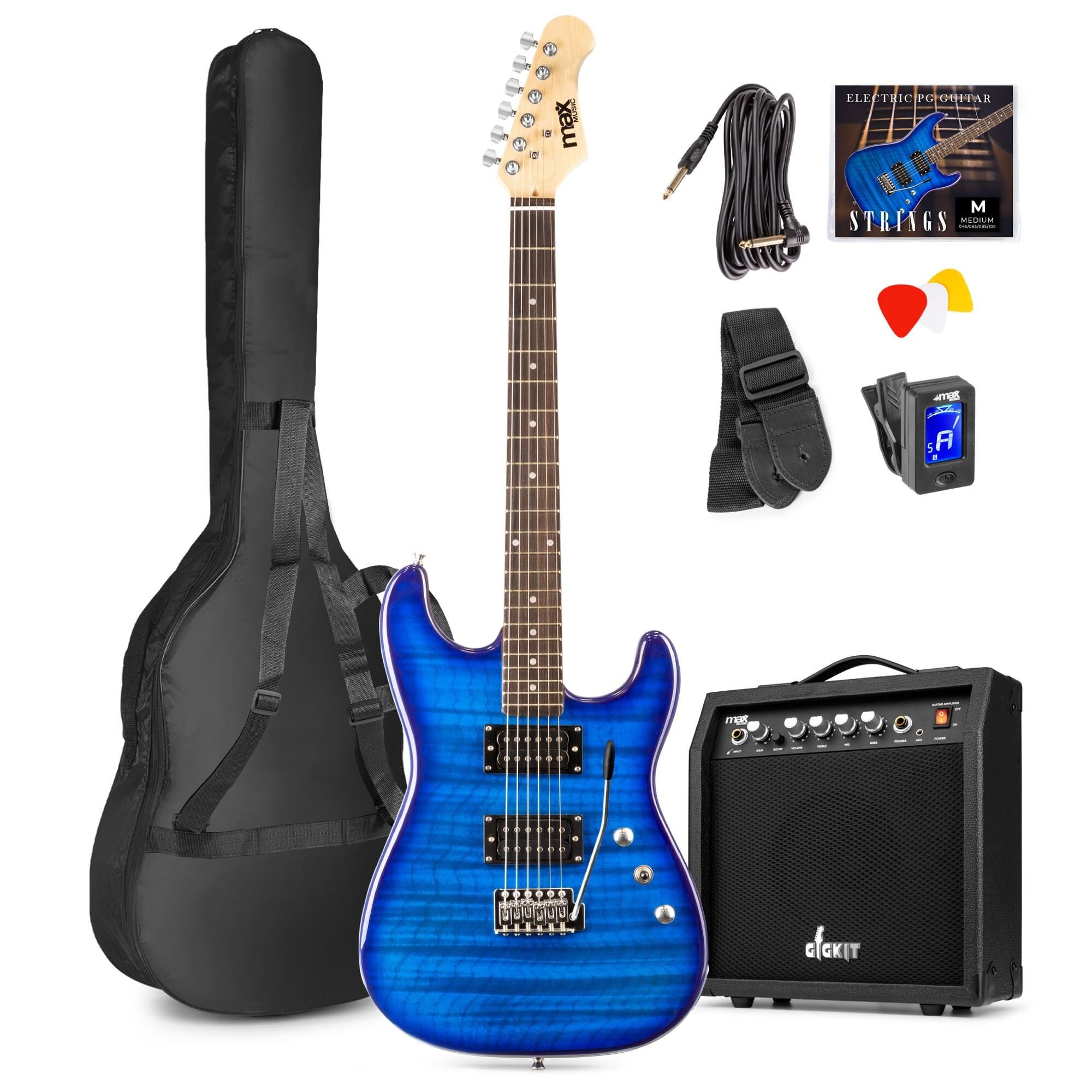 Max GigKit Superstrat Elgitarr med 40W Peak Effekt förstärkare och tillbehör - Mörkblå