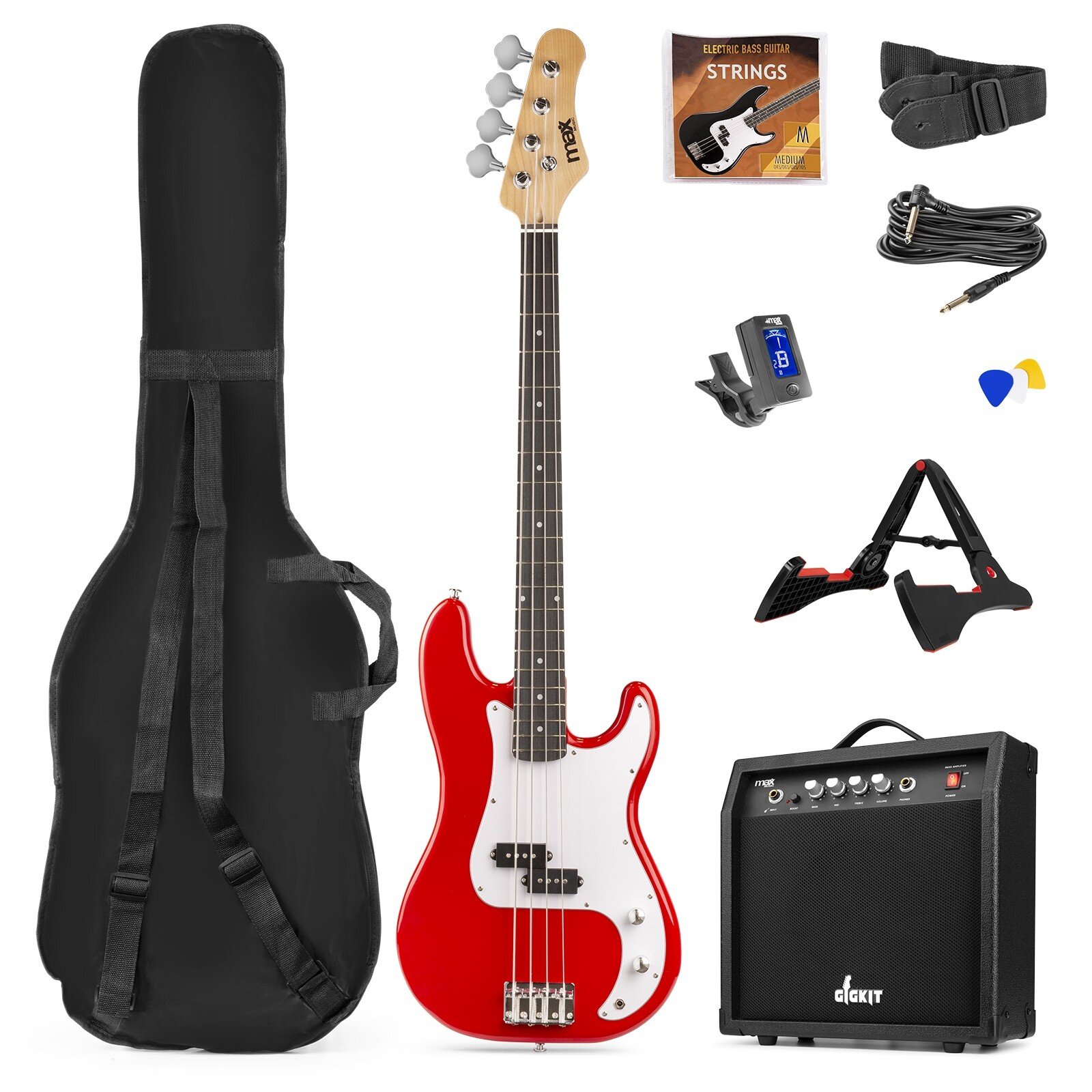 Max Gigkit Basgitarr med 40 Watts förstärkare - Gitarrstativ - Gitarrväska - Röd