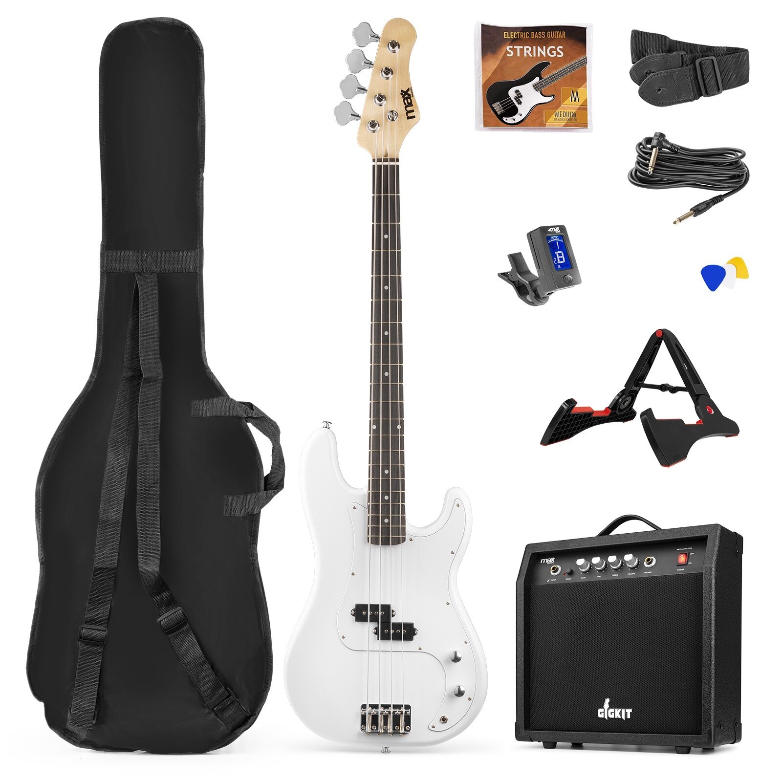 Max Gigkit Basgitarr med 40 Watts förstärkare - Gitarrstativ - Gitarrväska - Vit