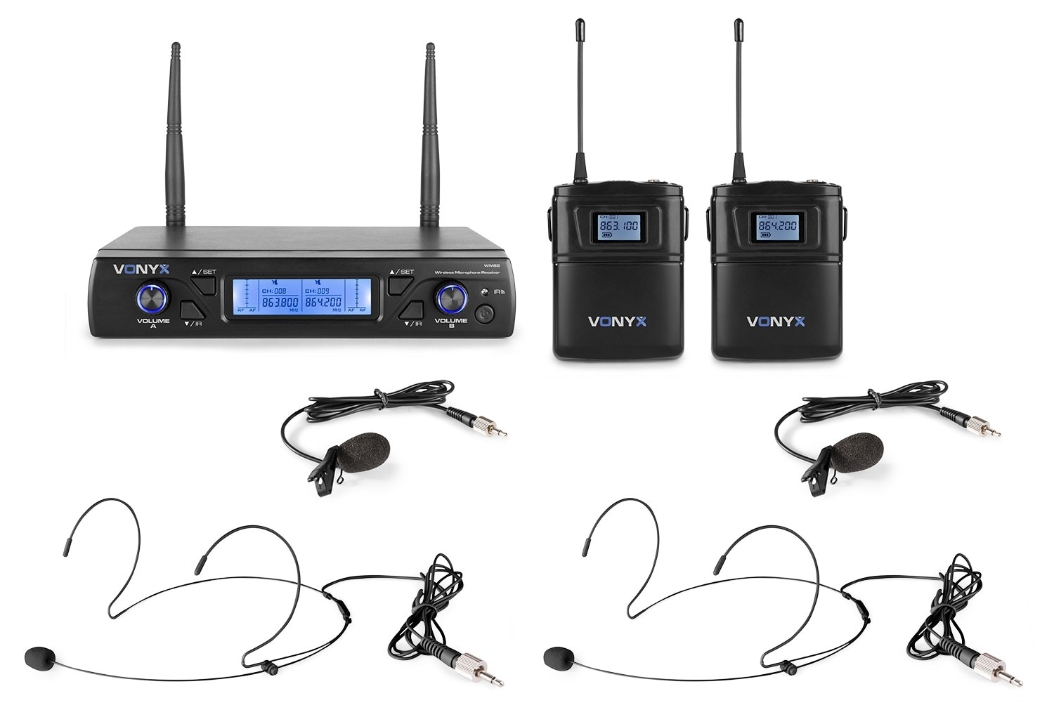 Vonyx WM62B Trådlöst mikrofonsystem UHF 16kanaler 2 Ficksändare