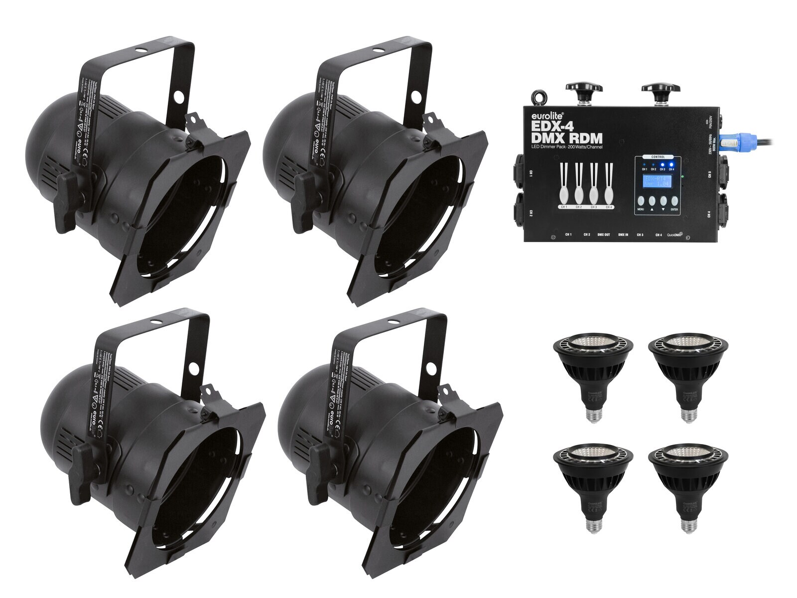 EUROLITE Set 4x PAR-38 Spot bk dim2warm + EDX-4 DMX RDM LED Dimmer pack