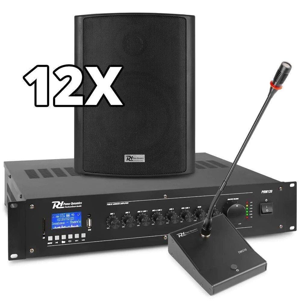 Power Dynamics 100V högtalarmusiksystem med 12 högtalare och Bluetooth