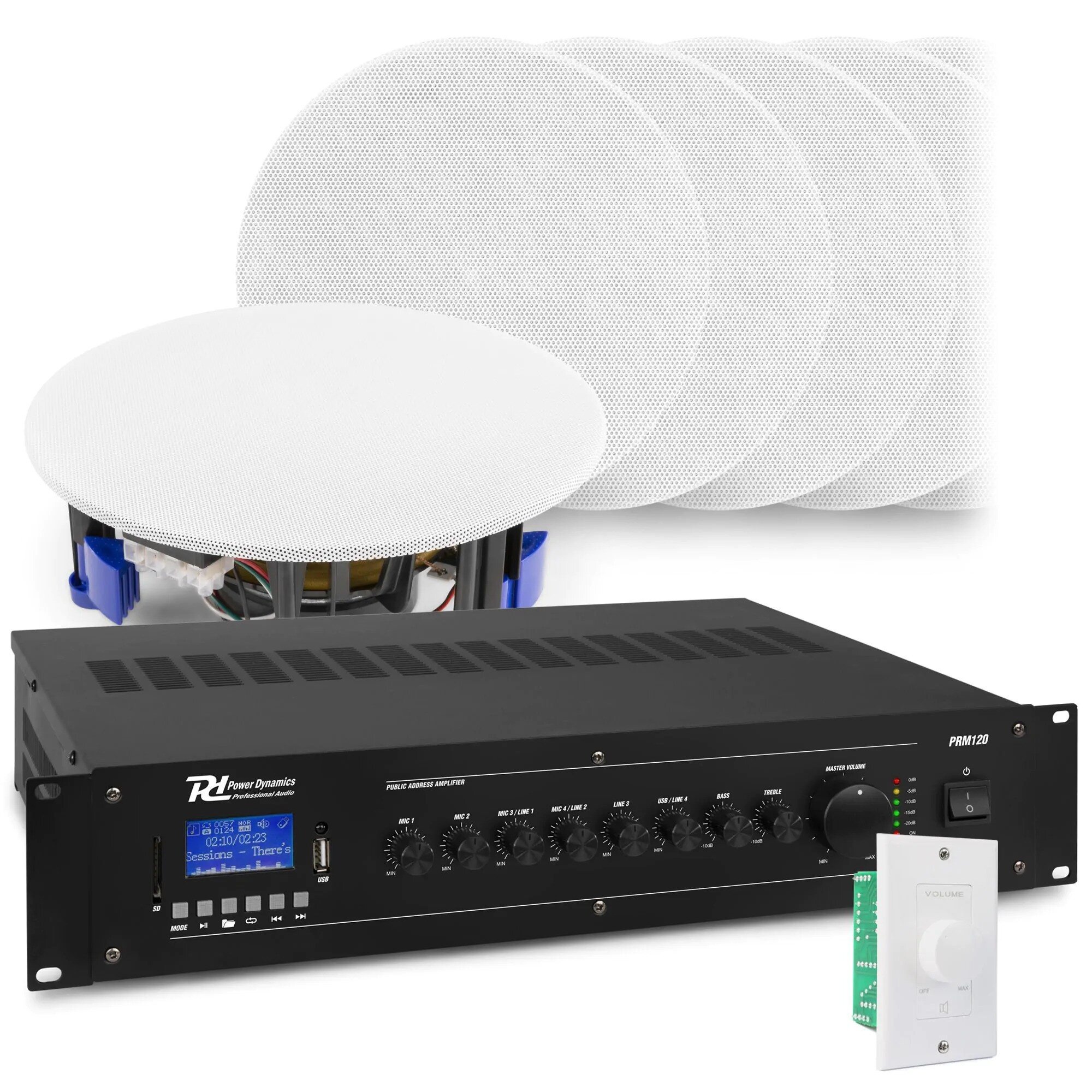 Power Dynamics Ljudsystem med 12x NCSP5 inbyggd högtalare och PRM120 förstärkare med Bluetooth 