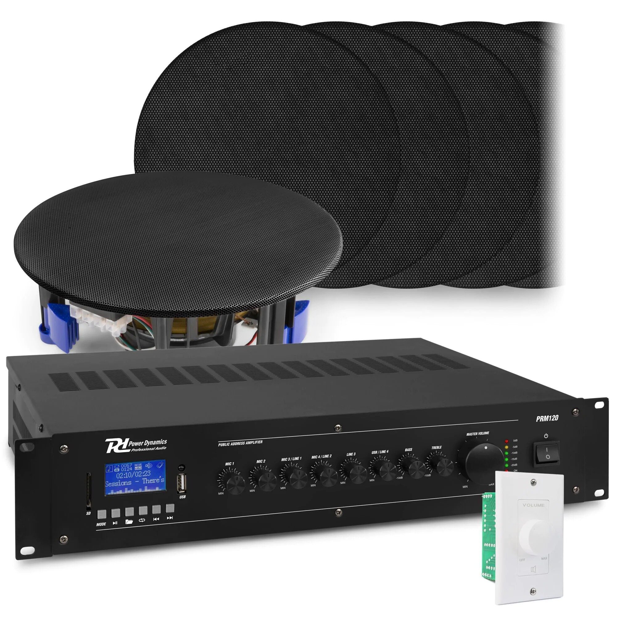 Power Dynamics Ljudsystem med 12x NCSP5B inbyggd högtalare och PRM120 förstärkare med Bluetooth 