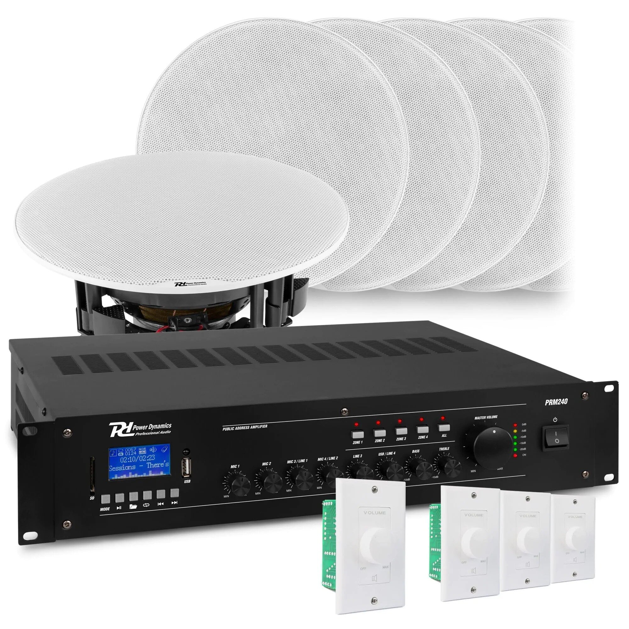 4-zoners ljudsystem inklusive 8x FCS5 inbyggd högtalare, 240W 100V förstärkare och 4x volymkontroll