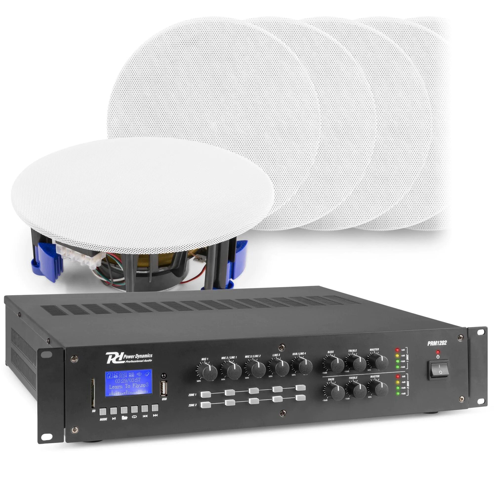 Power Dynamics 2-zons ljudsystem med PRM1202 förstärkare med Bluetooth och 12x inbyggd högtalare (vit)