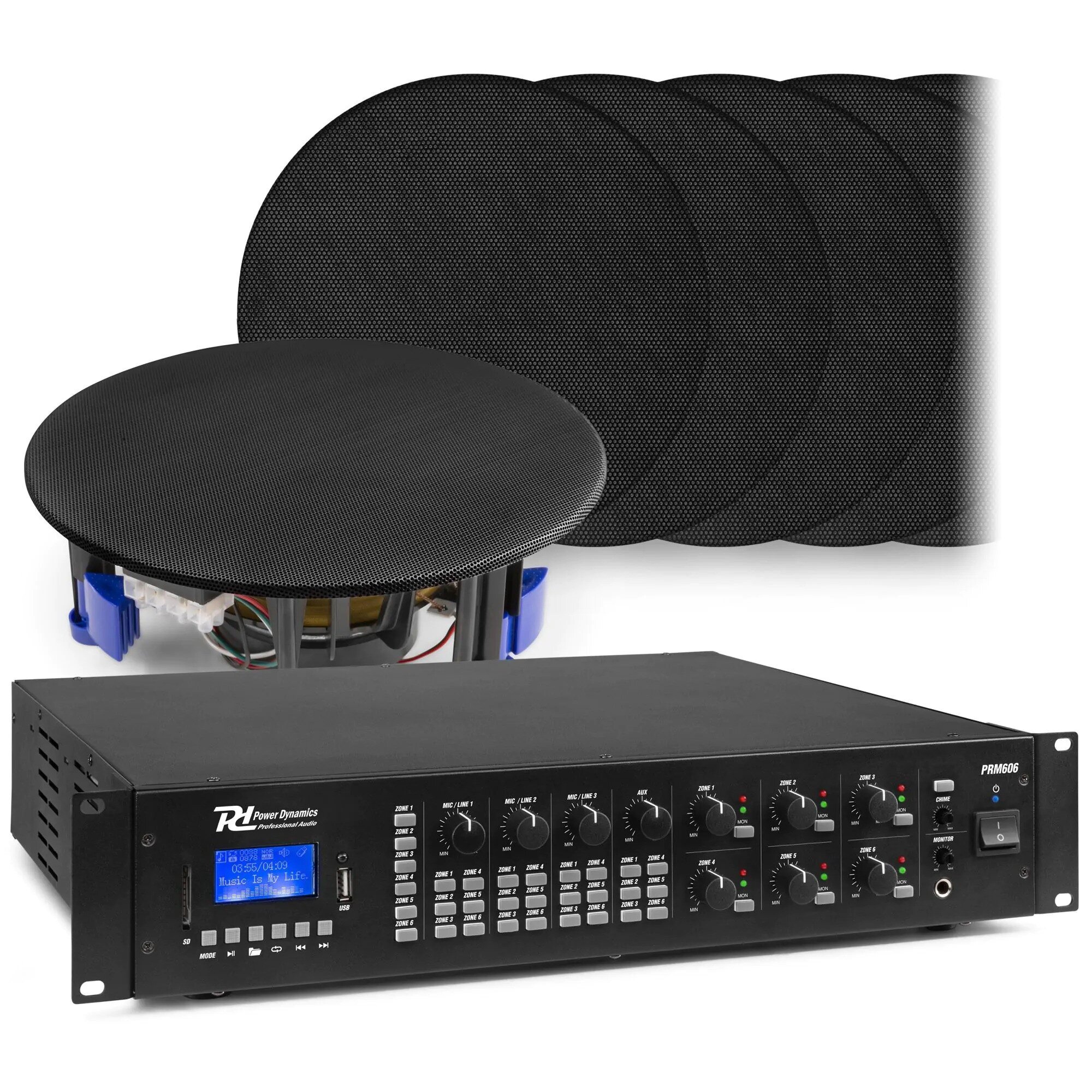 Power Dynamics 6-zoners ljudsystem med PRM606 förstärkare med Bluetooth och 12x inbyggd högtalare (svart)
