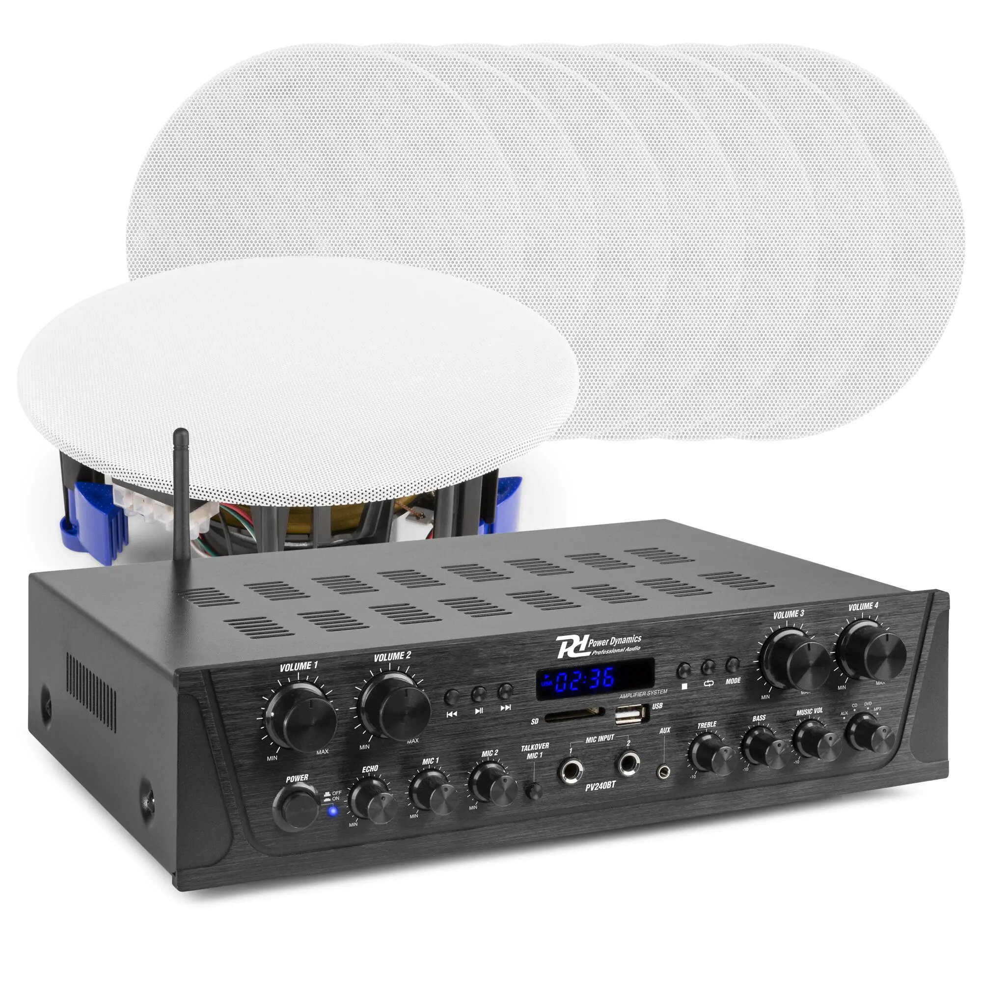 Power Dynamics PV240BT 4-zoners ljudsystem med Bluetooth och 8 takhögtalare