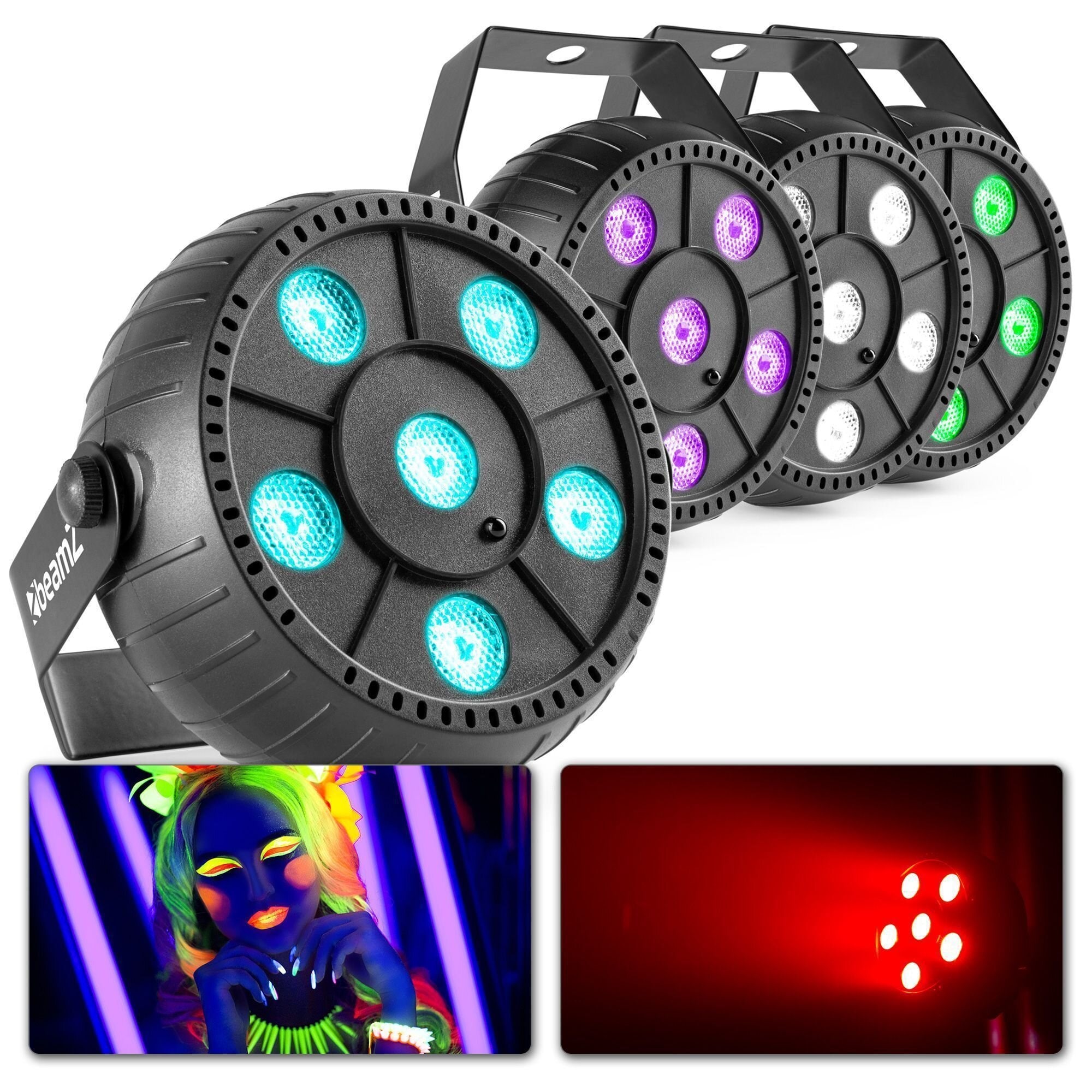 BeamZ PLP batteri disco lamp set - 2x RGB spot + stroboskop + svart ljus