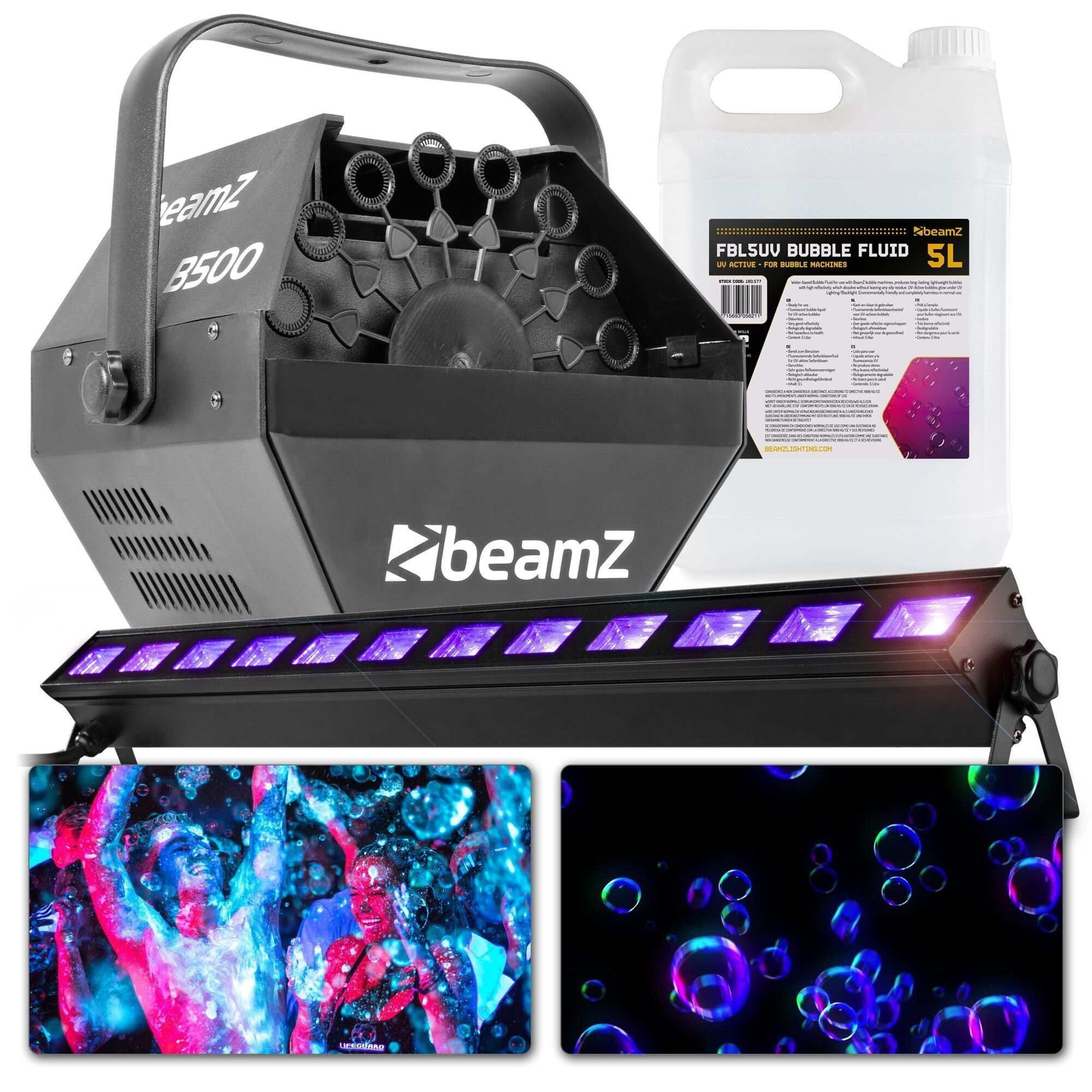 BeamZ neon partypaket inklusive Blacklight och bubbelmaskin