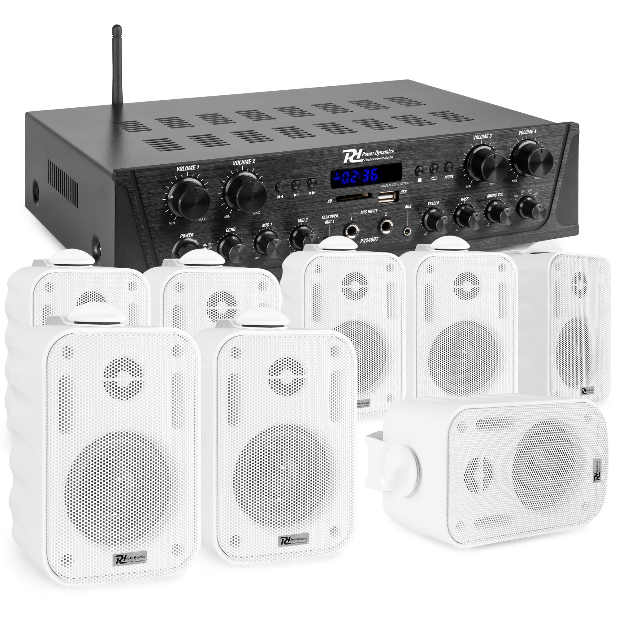 Power Dynamics PV240BT installationsljudsystem - 8st BGO30 vita väggmonterade högtalare - 4-zons stereoförstärkare - Bluetooth