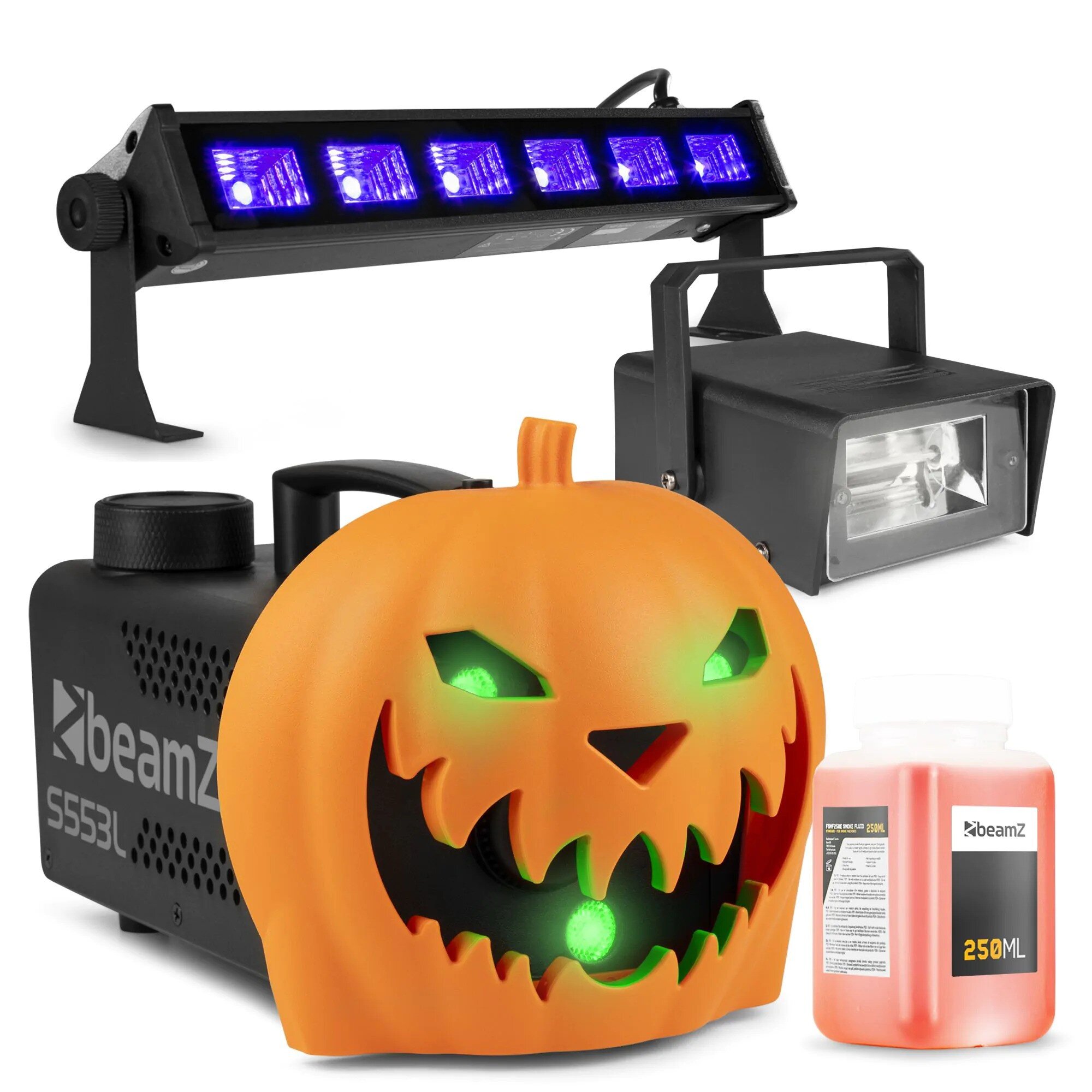 BeamZ Halloween dekoration med rökmaskin festset - Med klickbar pumpa - UV LED bar, stroboskop och ljuseffekter