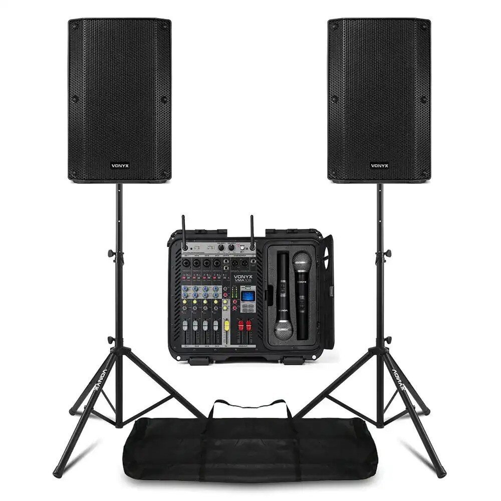 Vonyx Komplett PA-system med 12 tums högtalare, mixer och trådlösa mikrofoner - Inklusive stativ