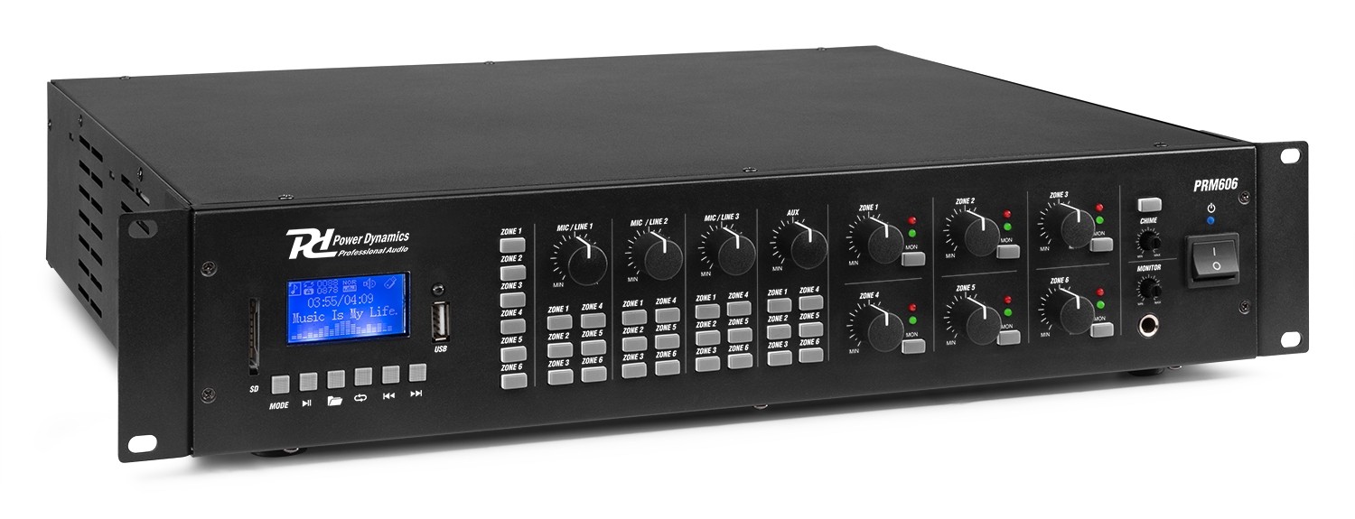 Power Dynamics PRM606 100V Mixer, Förstärkare, 6 zon, USB/MP3/BT 360W