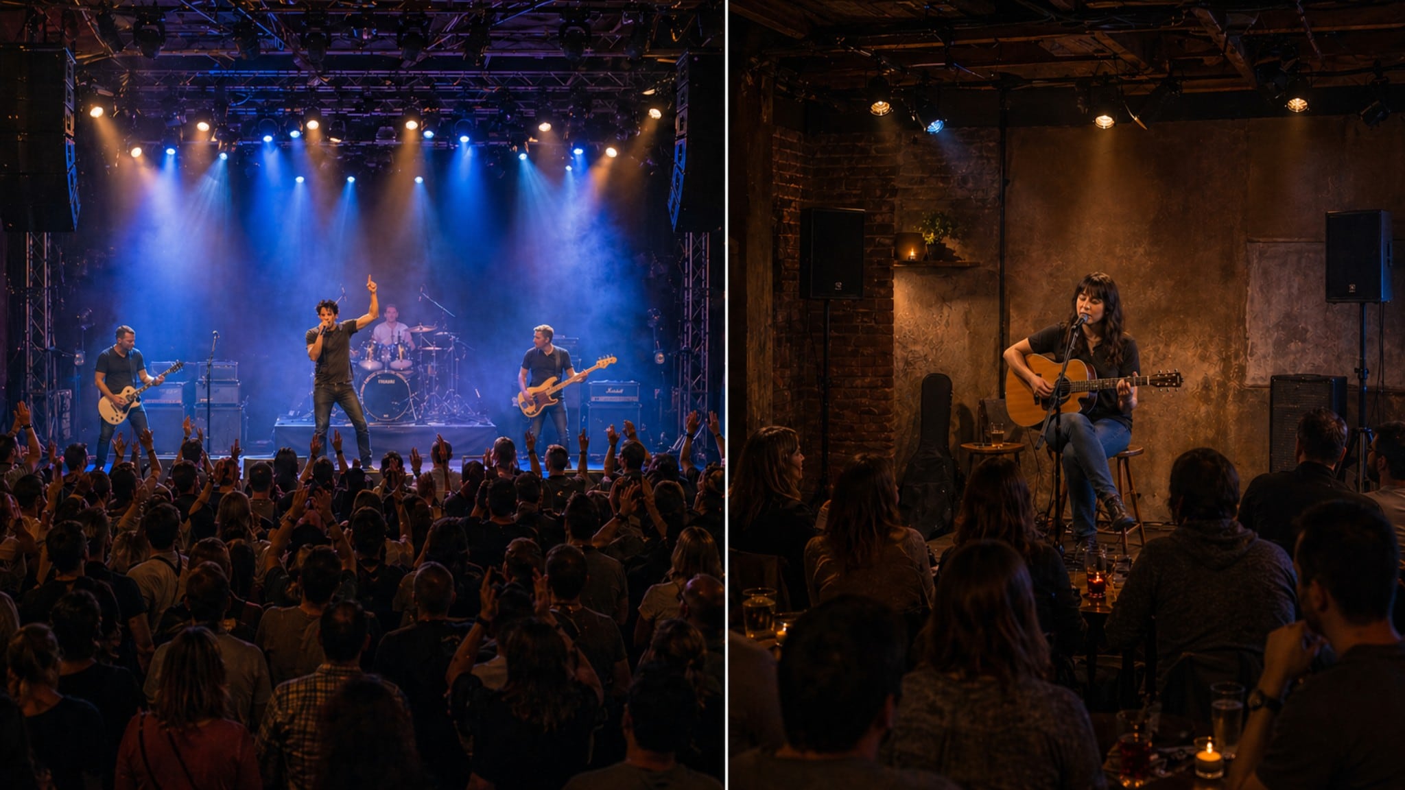 Liveband på scen med publik, ljud och ljus för musiker och bokningsredo gig