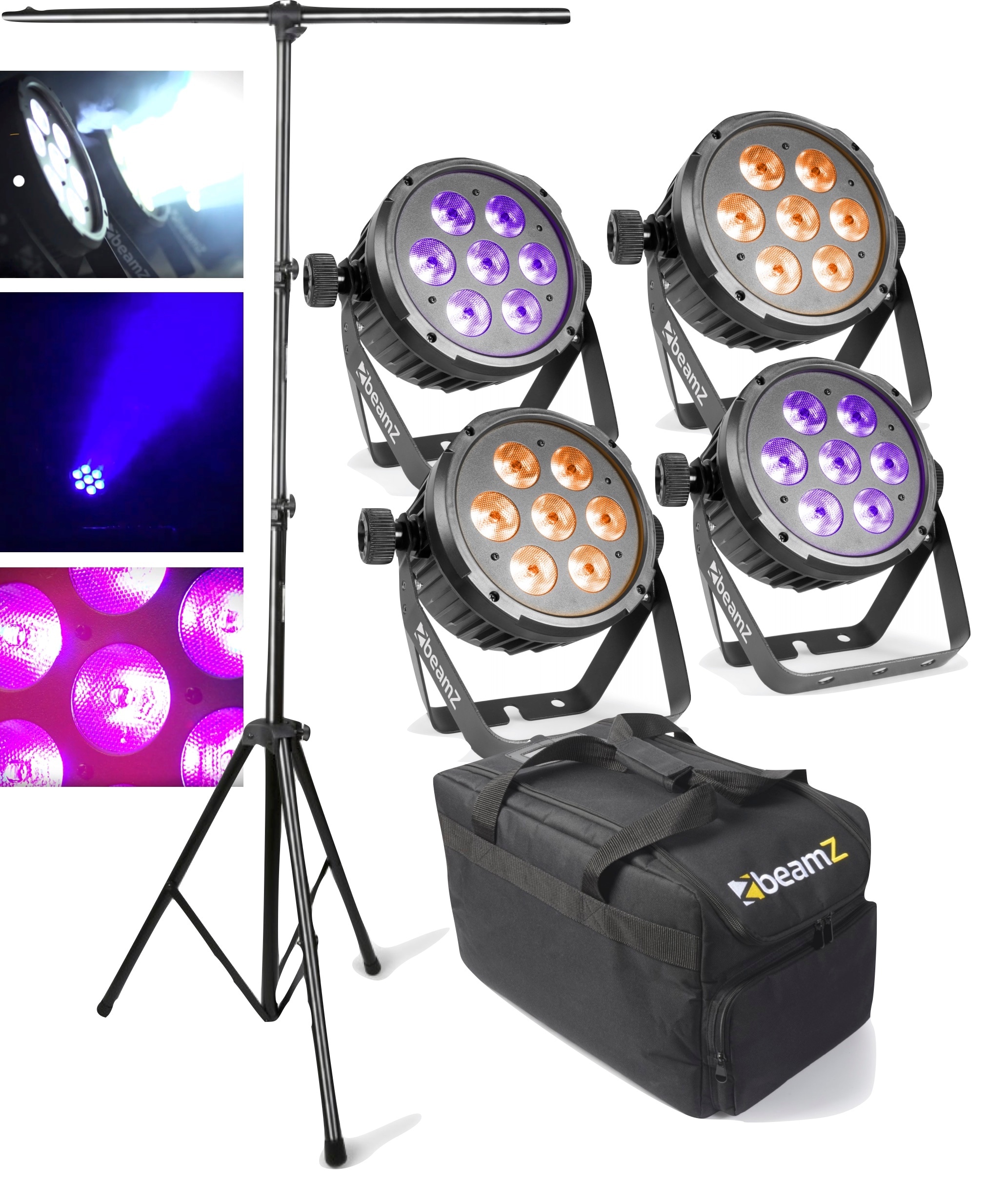 Ljuspaket med stativ + case + 4st Beamz BT280 LED Flat Par 7 x 10W RGBWA-UV 6-1 DMX IRC