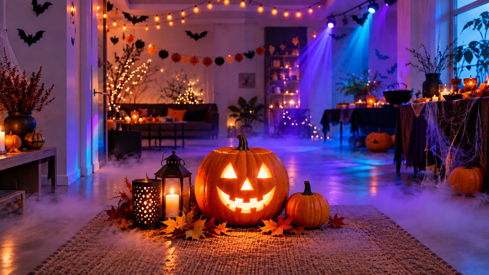 Halloweendekoration med lysande Halloweenpumpa, färgat festljus och rök