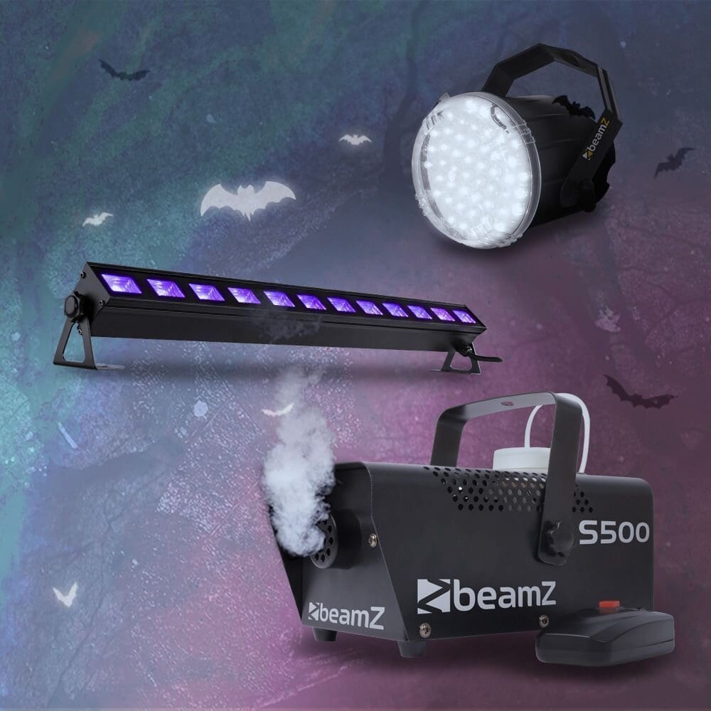 BeamZ Komplett Halloween-effektset med rökmaskin, LED Strobe och LED Blacklight Bar